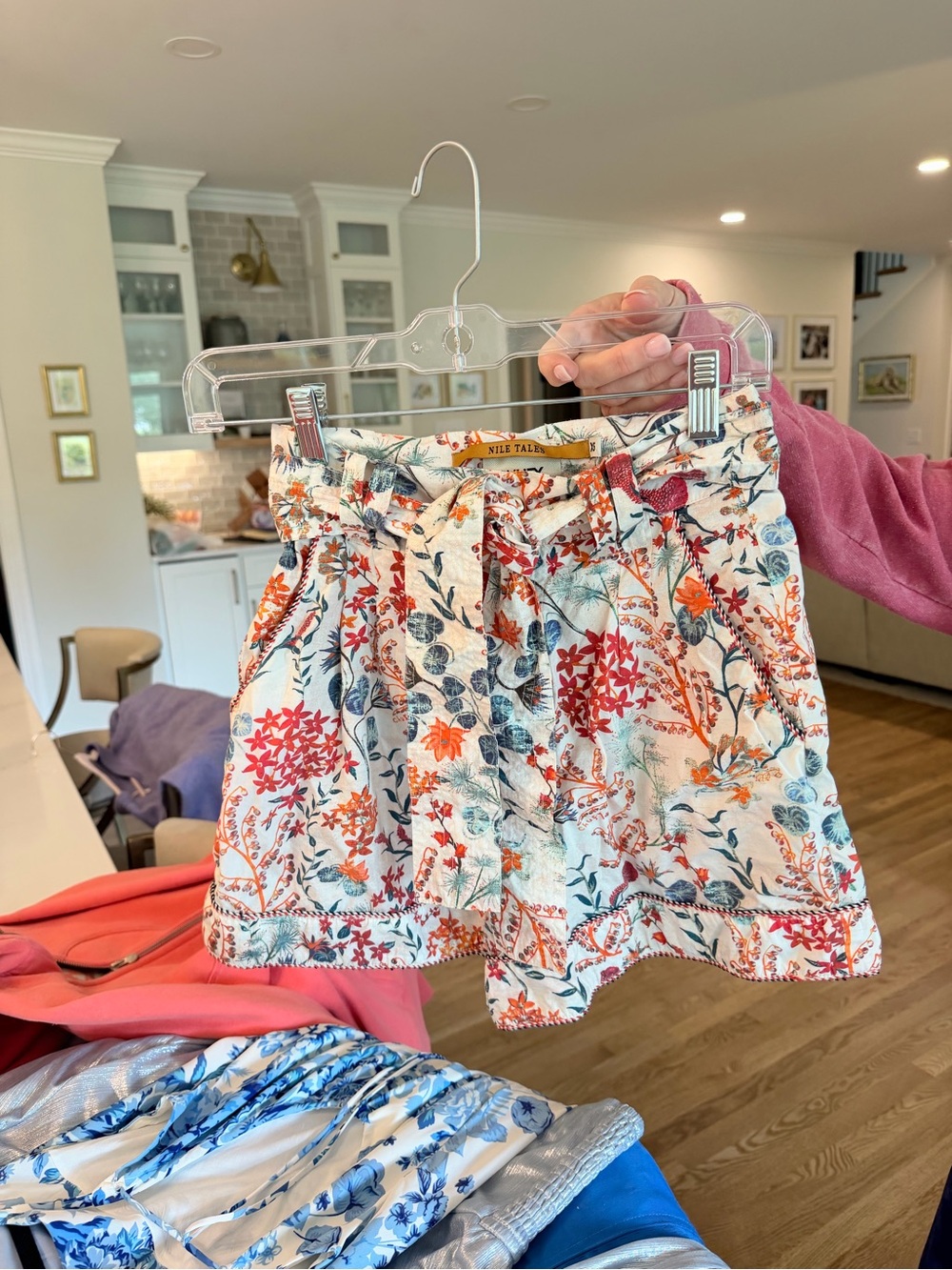 Floral Print Paperbag Waist Shorts - White, Orange, Blue